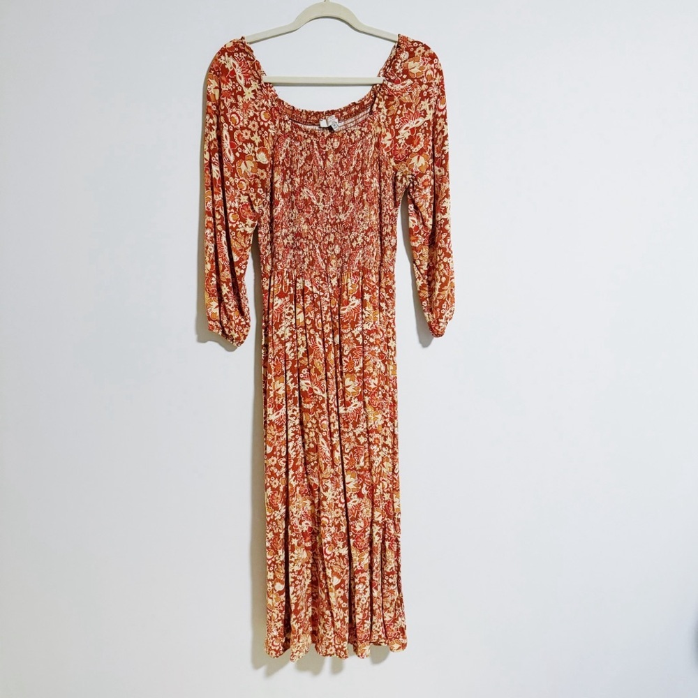Casa Cabana - Dark Orange Long Sleeve Floral Print Maxi Dress